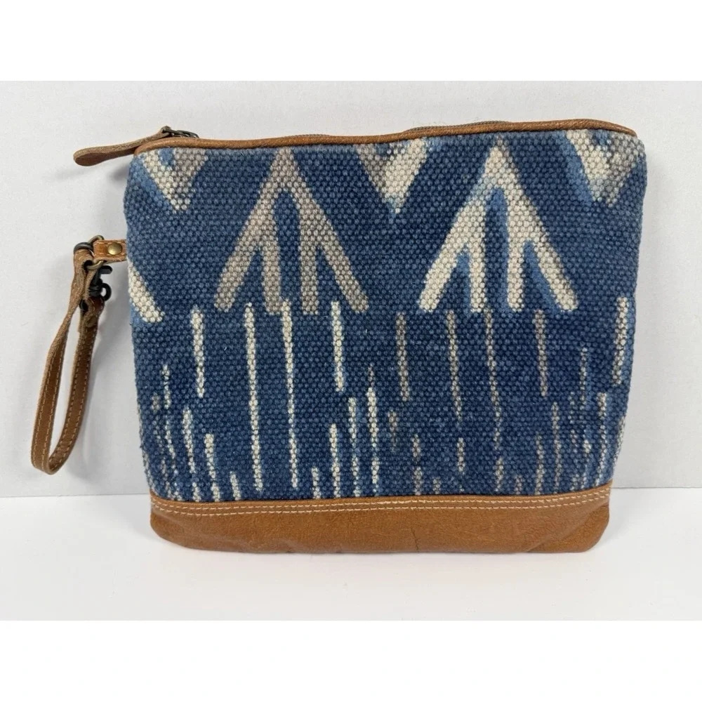 Myra Bag Leather Woven Cotton Canvas Aztec Wristlet Clutch Bag